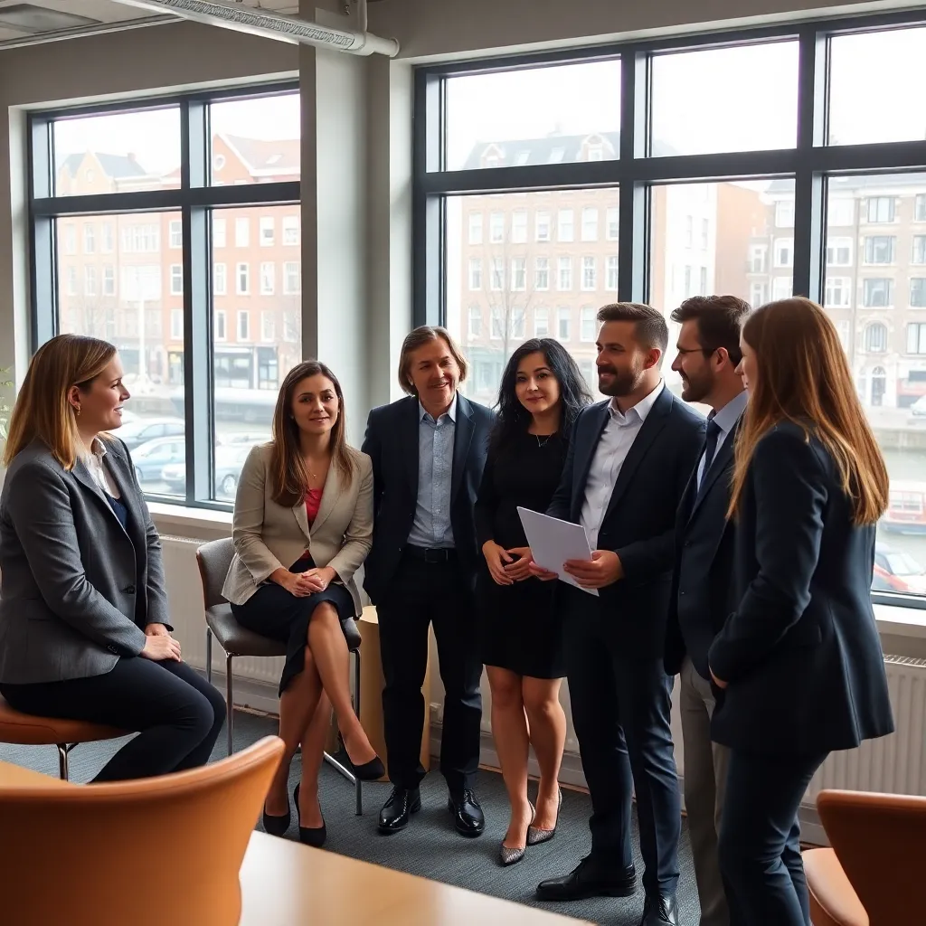 Professionele foto van Nederlandse vrouw van 35 jaar met blond haar in een blauw pak