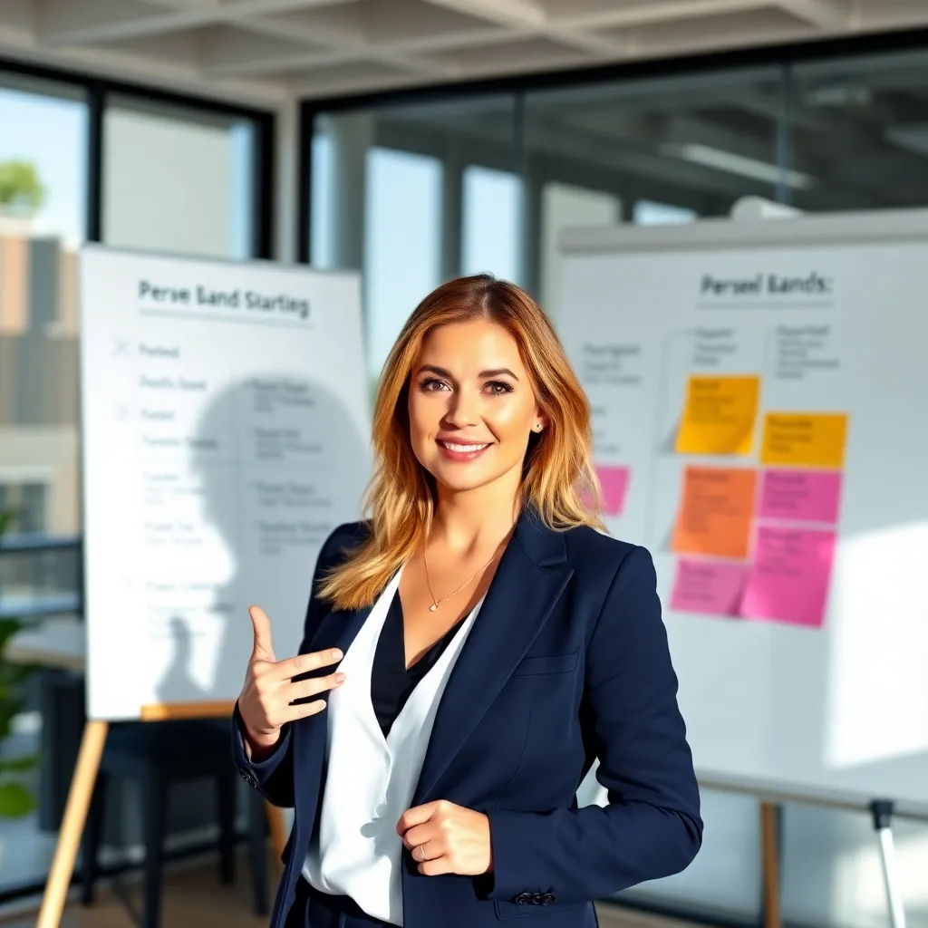 Professionele vrouw presenteert haar persoonlijke merk tijdens zakelijke bijeenkomst